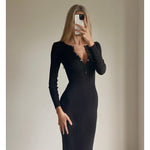 BRENA Black Long Sleeve Bodycon Knit Midi Dress