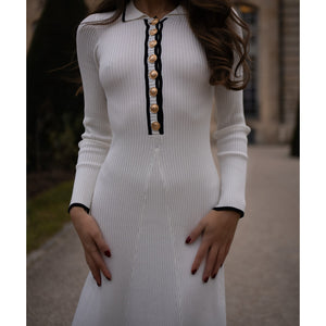 LYRA Ivory Long Sleeve Flowy Fitted Midi Knit Dress - The Zebra Effect