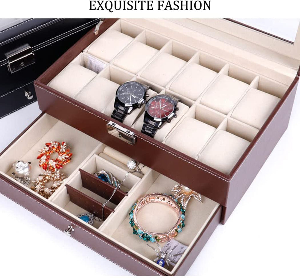 The Zebra Effect Health & Beauty > Cosmetic Storage 12 Slot PU Leather Lockable Watch and Jewelry Storage Boxes (Brown) V178-84503