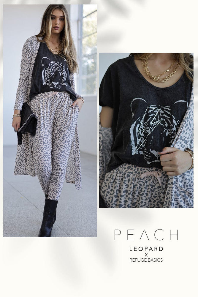 Refuge Clothing - Ladies Peach Leopard Basic Drop Crotch Super Soft Pants