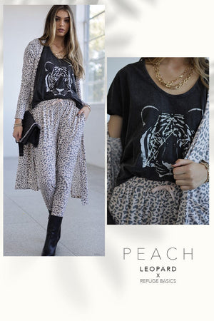 Refuge Clothing - Ladies Peach Leopard Basic Drop Crotch Super Soft Pants - The Zebra Effect