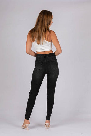Wakee Denim (By Lily) Jean Skinny Ripped Knee - Washed Black - The Zebra Effect