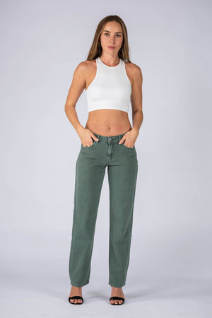 Wakee Denim (By Lily) Mid Waist Jean Pant - Green BA022 - The Zebra Effect