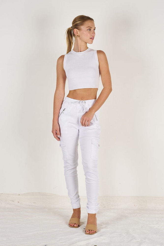 Wakee Denim Ladies Cargo Jogger - White 10086