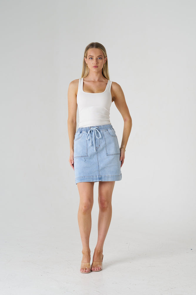 Wakee Denim Ladies Panel Drawstring Mini Skirt - Light Blue 3097