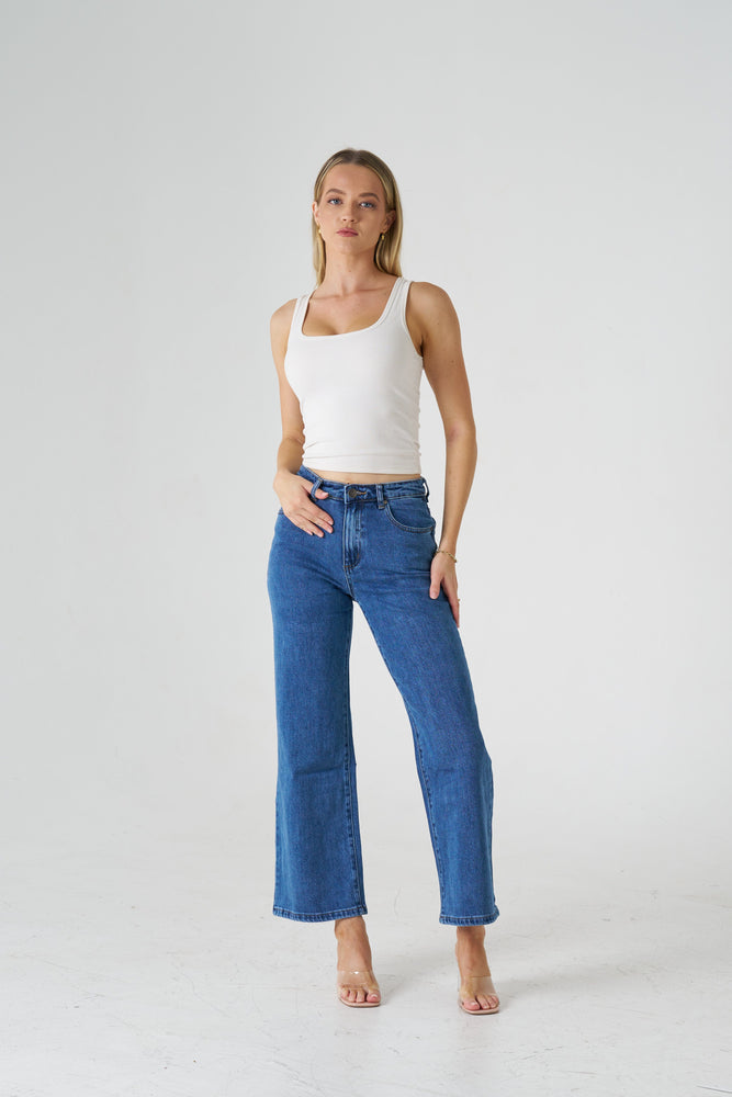 Wakee Denim Wide Leg Ladies Jean - Medium Denim Blue 3108