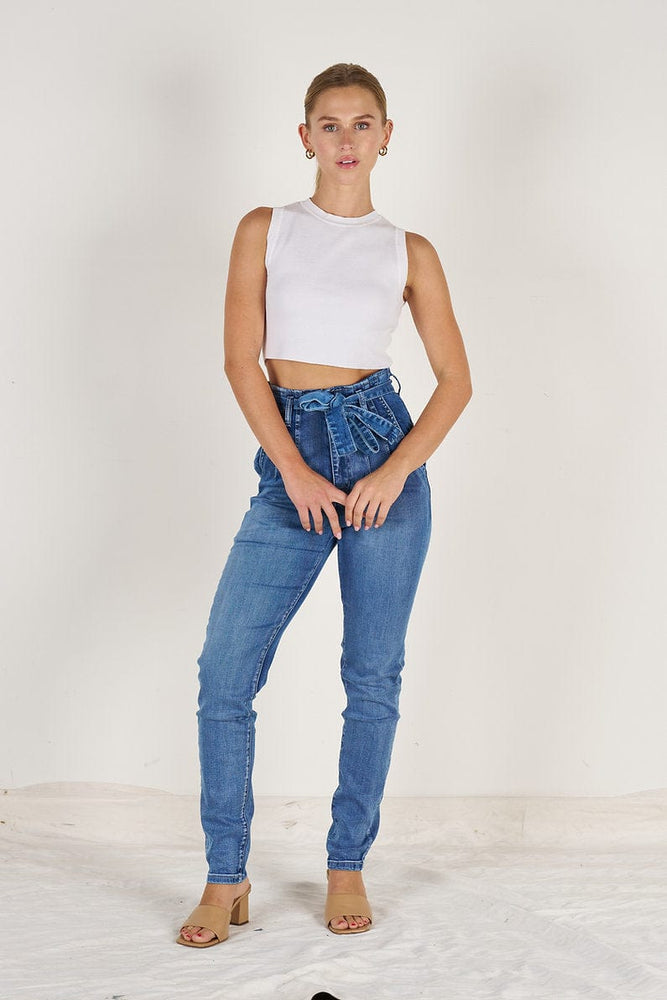 
                
                    Load image into Gallery viewer, Wakee Denim Tie Up Skinny Leg Jeans Wakee Denim Tie Up Jean Skinny Leg - Mid Wash Blue 7118 7118
                
            