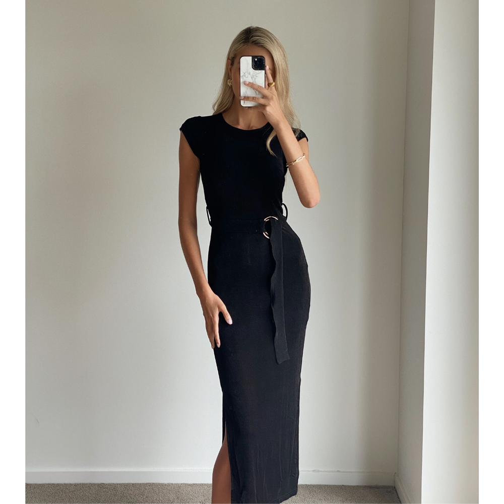 LEAH Black Short Sleeve Fitted Midi Dress