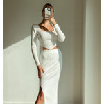 SOFIA White High Waist Bodycon Knit Midi Skirt