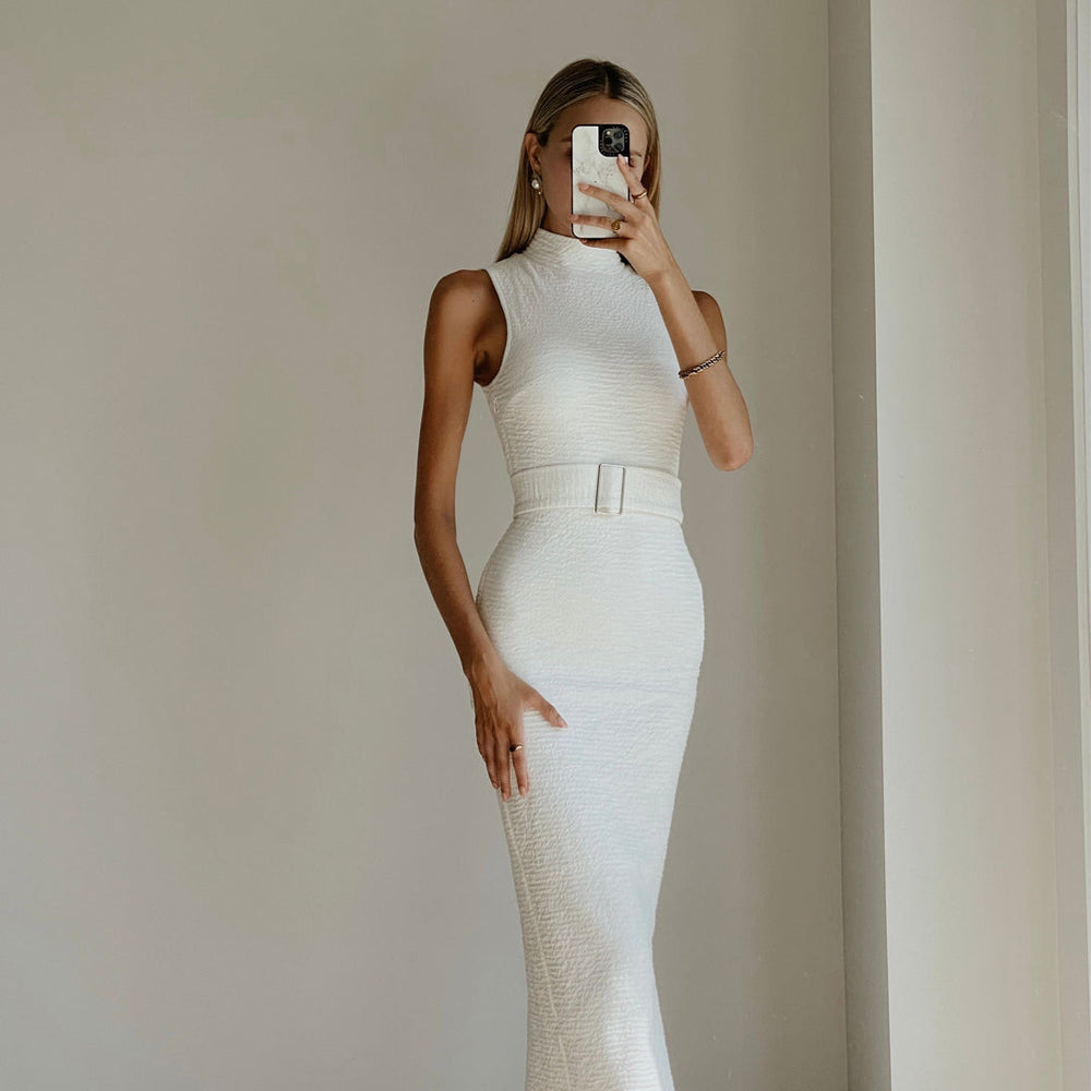 Women fashion model wearing designer white bodycon maxi dress online