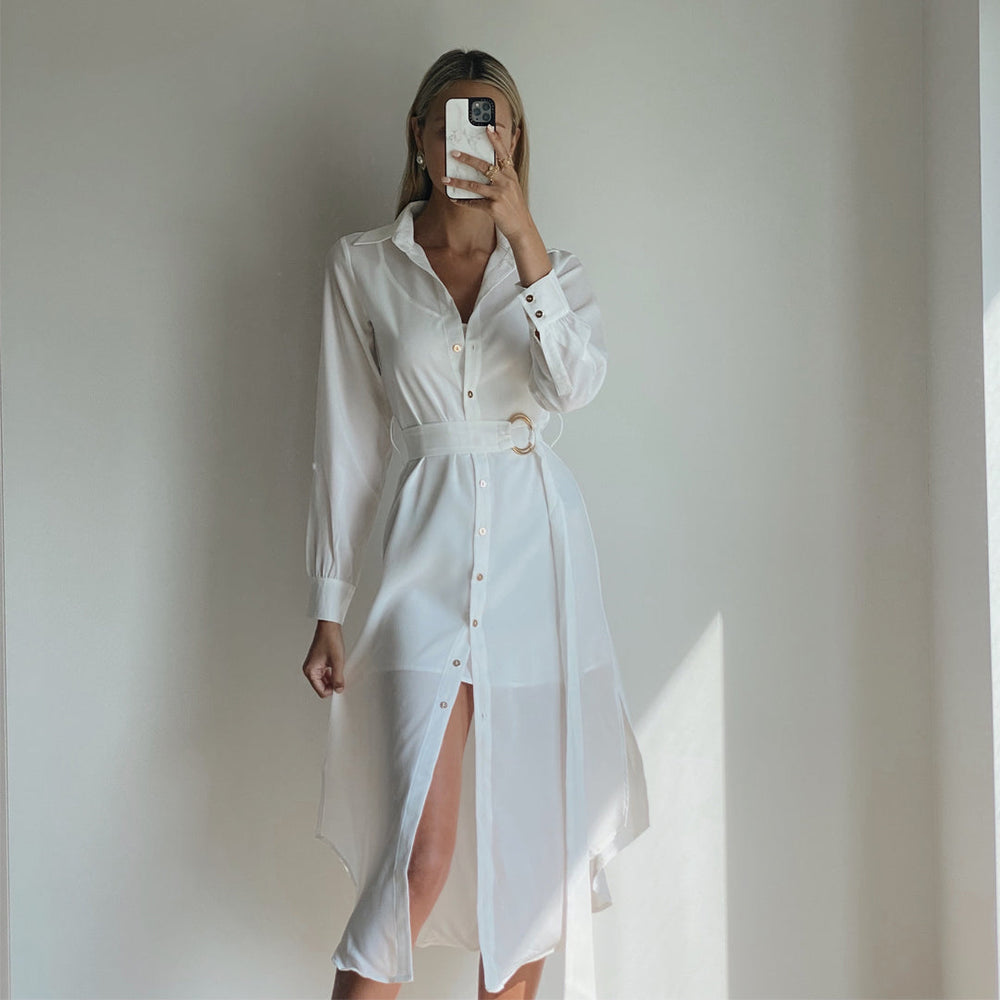 ISLA White Long Sleeve Midi Shirt Dress
