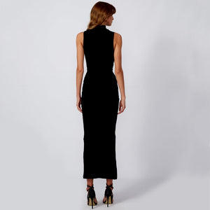 Women fashion model wearing designer black bodycon maxi dress online