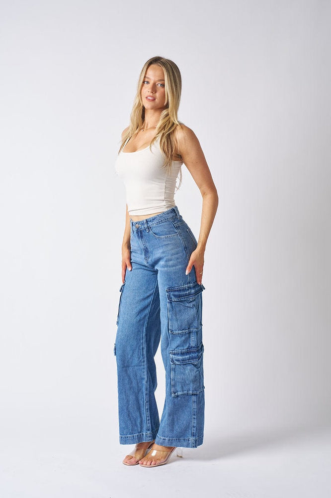 Wakee Denim Cargo Flare Leg Ladies Jean - Blue Envy BA2141