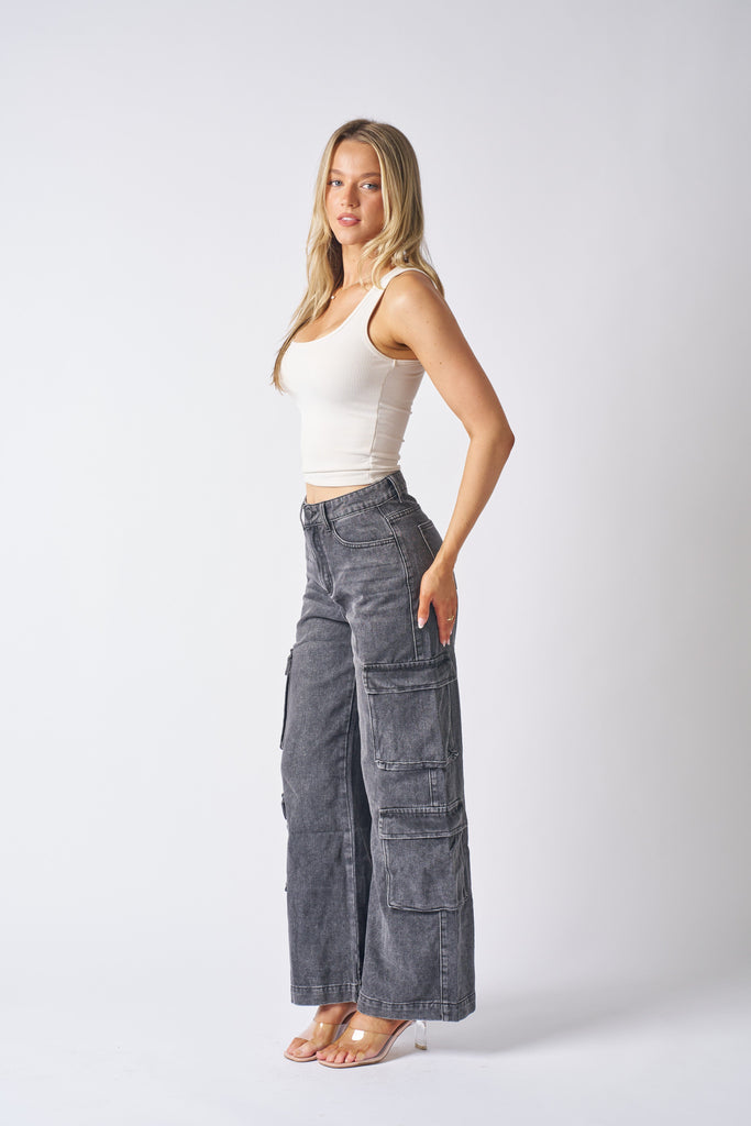 Wakee Denim Cargo Flare Leg Ladies Jean- Charcoal Black 7123