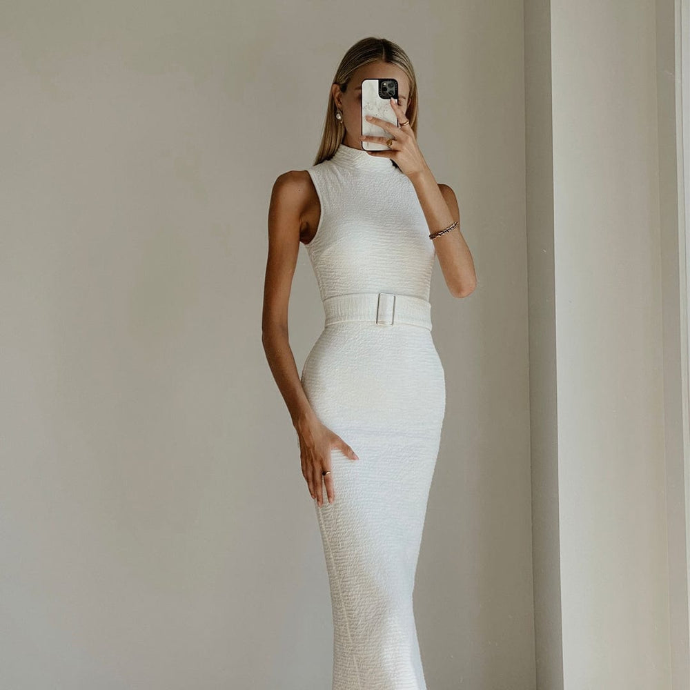 CLEO White Bodycon High Neck Maxi Dress