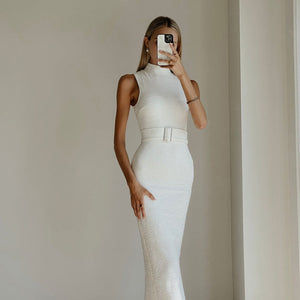 CLEO White Bodycon High Neck Maxi Dress