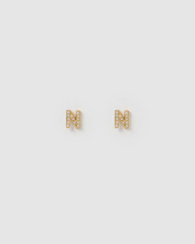 Izoa Alphabet Mini Letter N Stud Earrings Gold
