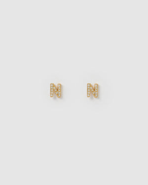 Izoa Alphabet Mini Letter N Stud Earrings Gold
