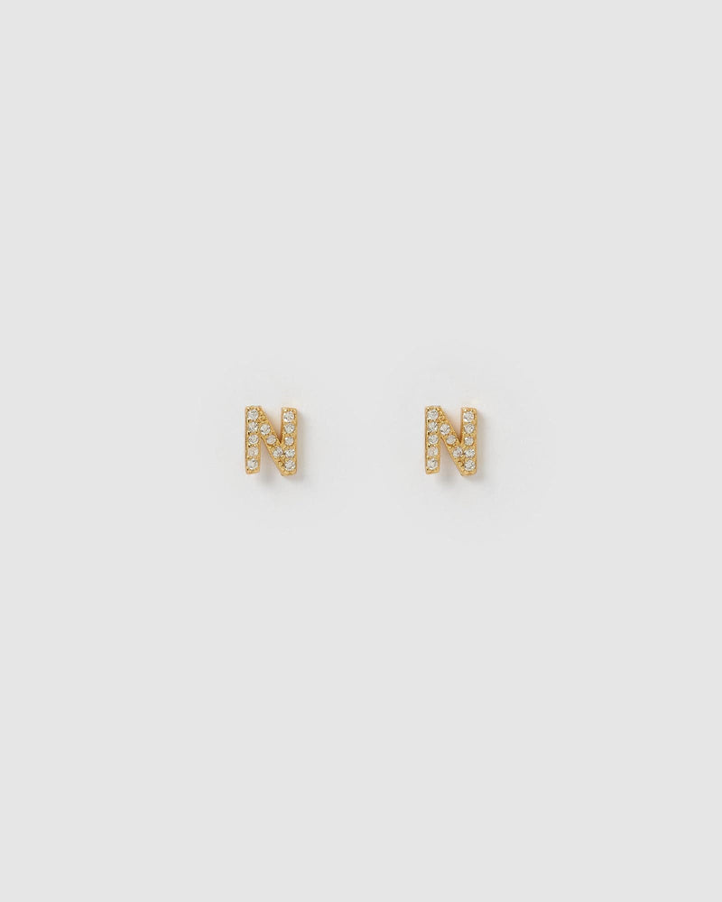 Izoa Earrings Izoa Alphabet Mini Letter N Stud Earrings Gold IZ-ALPHASTUDN-GLD