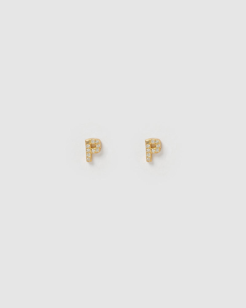 Izoa Alphabet Mini Letter P Stud Earrings Gold
