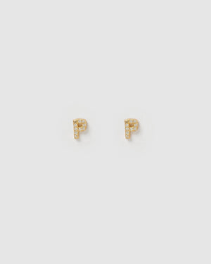 Izoa Alphabet Mini Letter P Stud Earrings Gold