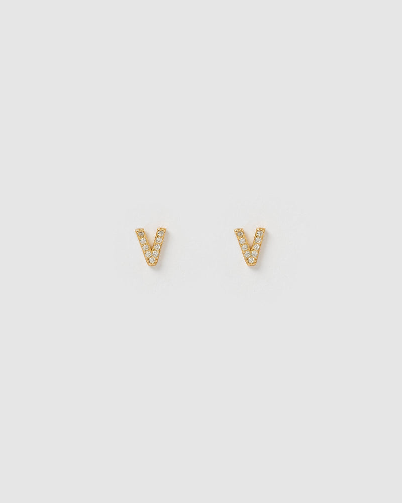 Izoa Earrings Izoa Alphabet Mini Letter V Stud Earrings Gold IZ-ALPHASTUDV-GLD
