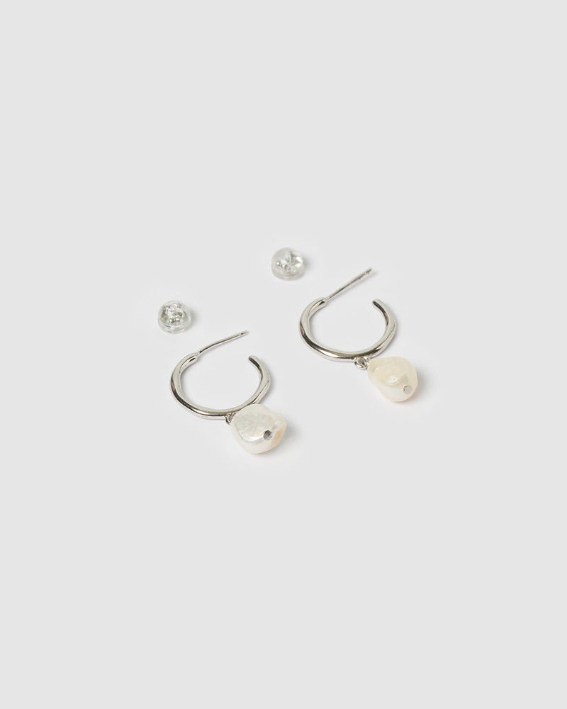 Izoa Earrings Izoa Enlighten Mini Hoop Earrings Silver Freshwater Pearl IZ-ENLIGHTENHOOP-SILV