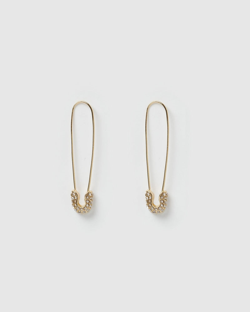 Izoa Justice Safety Pin Earrings Gold Crystal