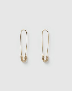 Izoa Justice Safety Pin Earrings Gold Crystal
