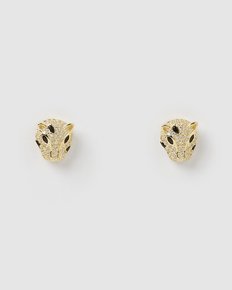 Izoa Panther Stud Earrings Gold Black