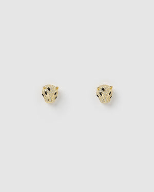 Izoa Earrings Izoa Panther Stud Earrings Gold Black IZ-PANTHERSTUD-GBLK