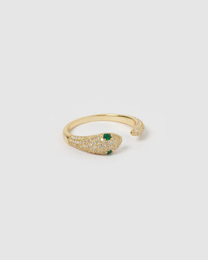 
                
                    Load image into Gallery viewer, Izoa Rings Izoa Green Eye Embellished Snake Ring Gold
                
            