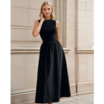 TEODORA Black High Neck Sleeveless A-line Princess Cut Midi Dress