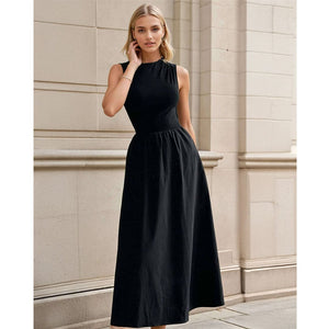 TEODORA Black High Neck Sleeveless A-line Princess Cut Midi Dress