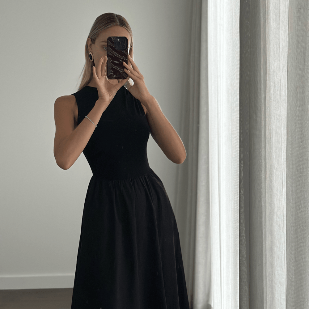 TEODORA Black High Neck Sleeveless A-line Princess Cut Midi Dress