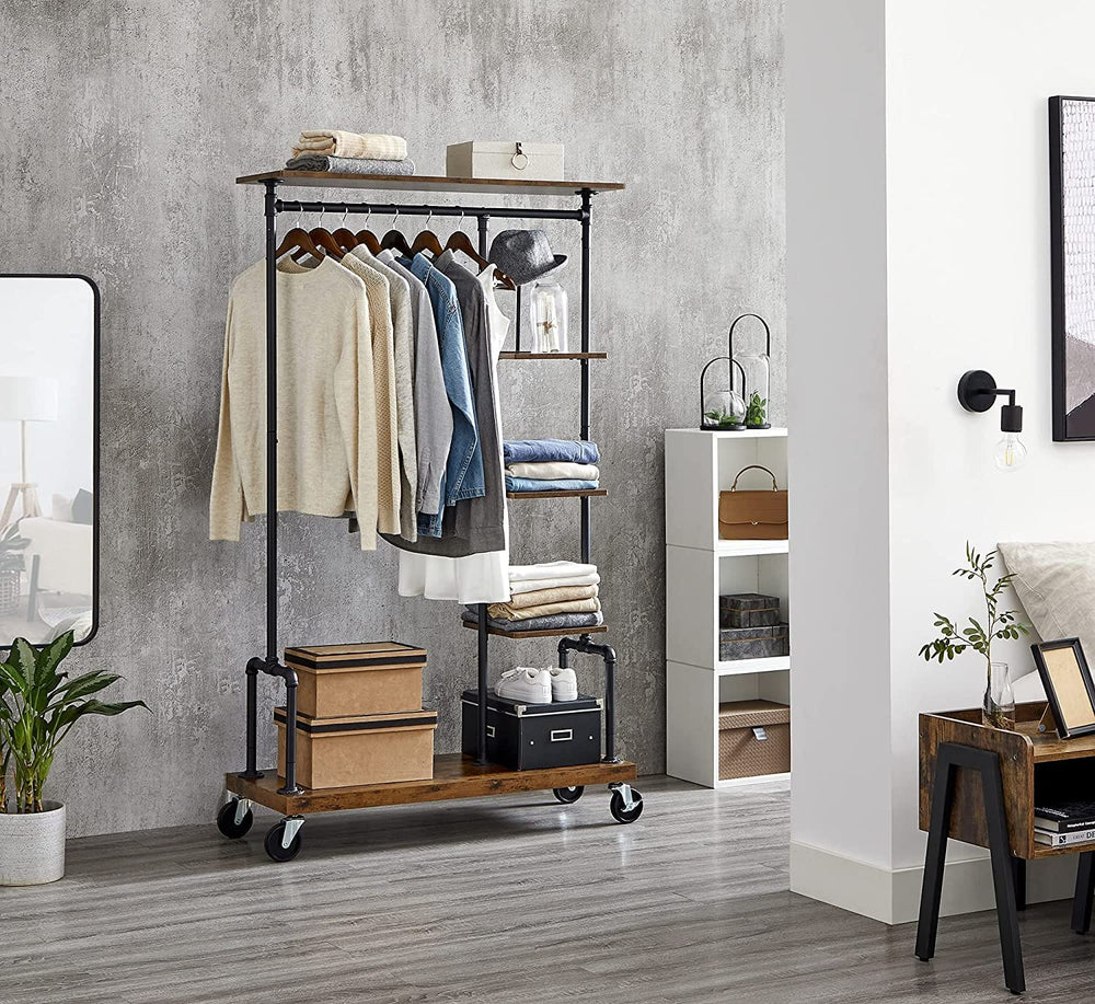 Rube Garment Rack Clothing Garment Rack on Wheels with 5-Tier, Industrial Pipe Style, Ru