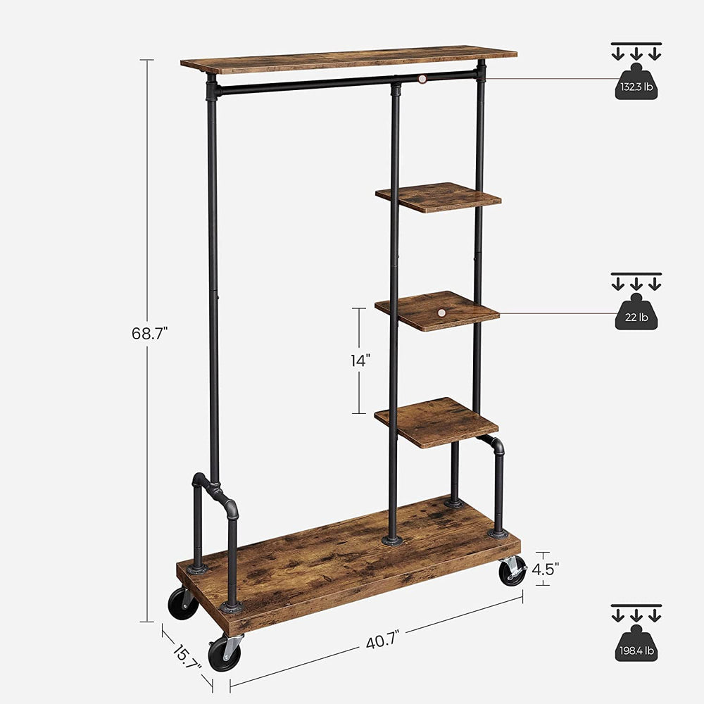 Rube Garment Rack Clothing Garment Rack on Wheels with 5-Tier, Industrial Pipe Style, Ru