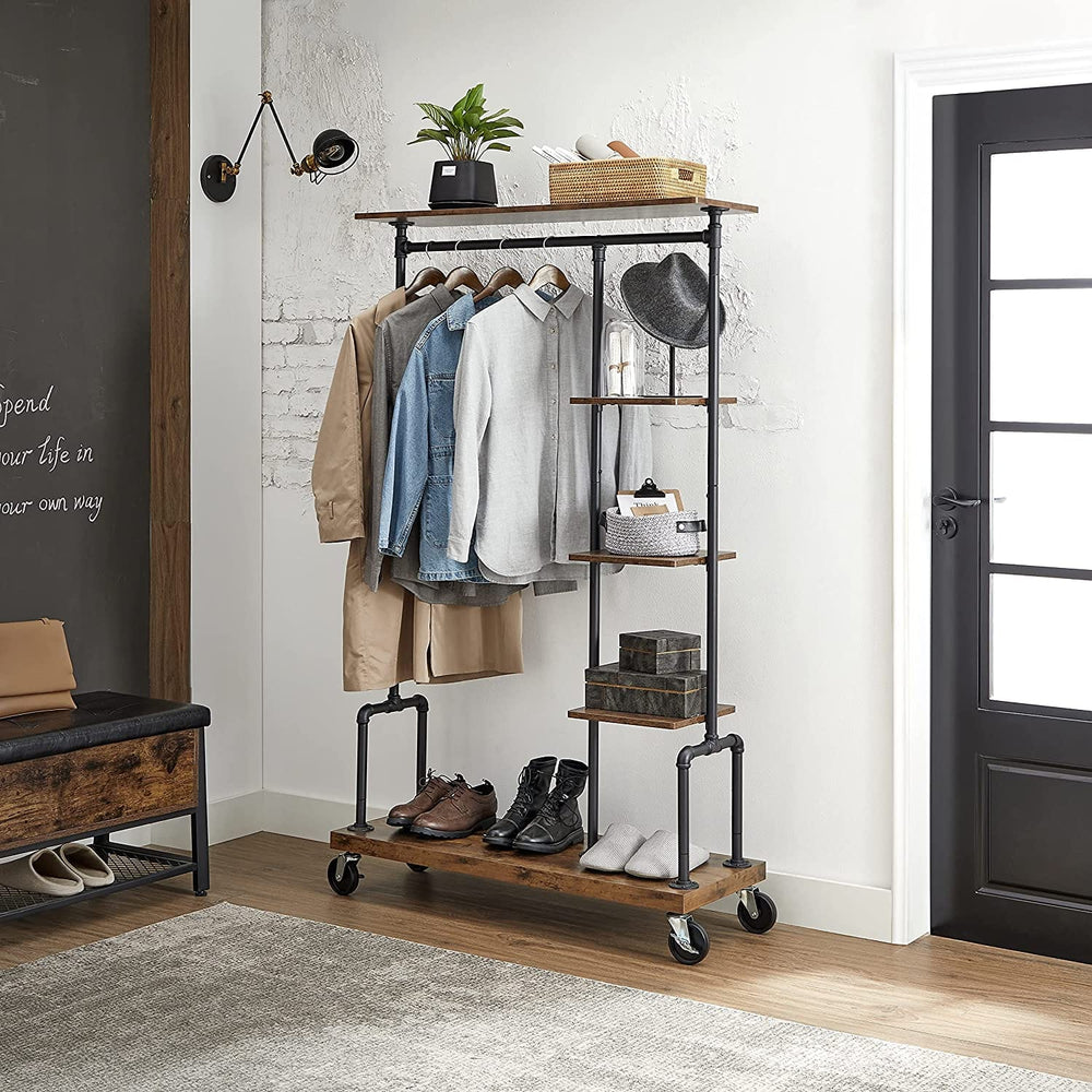 Rube Garment Rack Clothing Garment Rack on Wheels with 5-Tier, Industrial Pipe Style, Ru