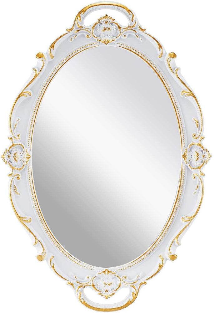 The Zebra Effect Health & Beauty > Makeup Mirrors Oval Antique White 25 x 38 cm Vintage Carved Hanging Wall Mirror for Bedroom and Living-Room V178-12672