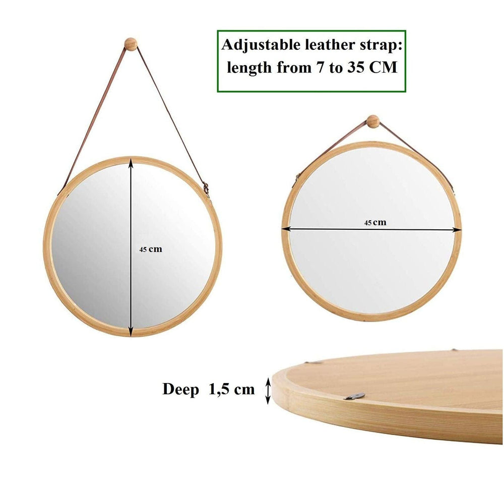 The Zebra Effect Health & Beauty > Makeup Mirrors Hanging Round Wall Mirror 45 cm - Solid Bamboo Frame and Adjustable Leather Strap for Bathroom and Bedroom V178-36015