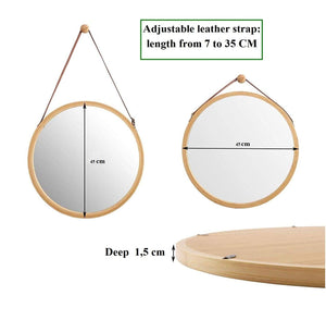 The Zebra Effect Health & Beauty > Makeup Mirrors Hanging Round Wall Mirror 45 cm - Solid Bamboo Frame and Adjustable Leather Strap for Bathroom and Bedroom V178-36015