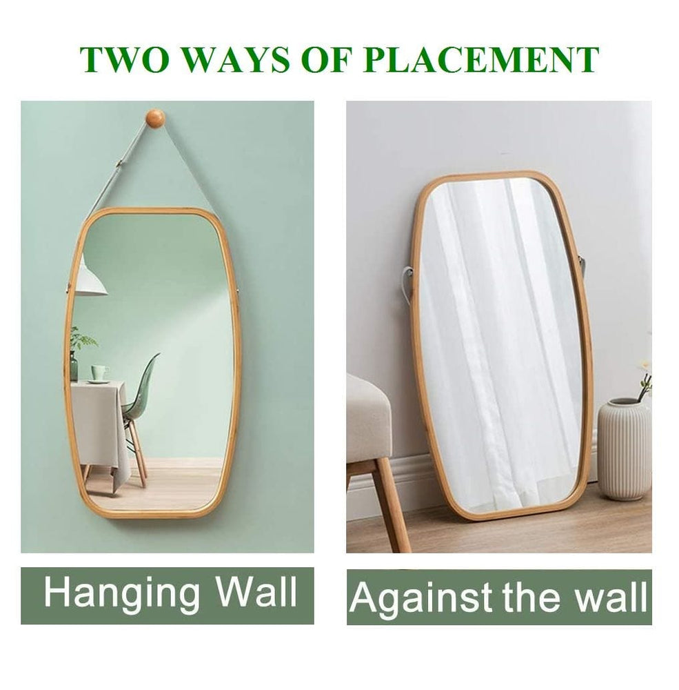 The Zebra Effect Health & Beauty > Makeup Mirrors Hanging Full Length Wall Mirror - Solid Bamboo Frame and Adjustable Leather Strap for Bathroom and Bedroom V178-36016