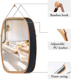 The Zebra Effect Health & Beauty > Makeup Mirrors Hanging Full Length Wall Mirror - Solid Bamboo Frame and Adjustable Leather Strap for Bathroom and Bedroom V178-36016