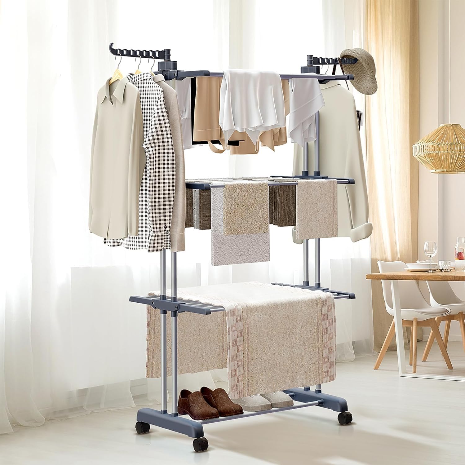 CARLA HOME Folding Clothes Drying Rack with Wheels and Adjustable Side