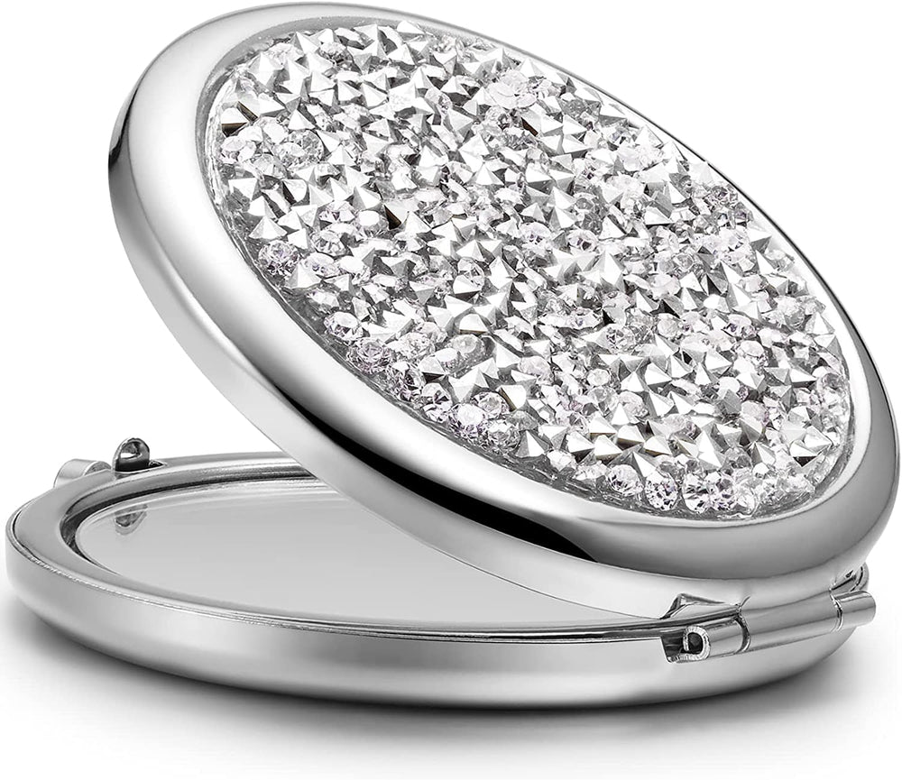 Mini Mix Diamond 1X/2X Magnifying Round Metal Pocket Makeup Mirror (Silver) - The Zebra Effect