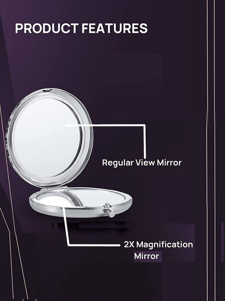 Mini Mix Diamond 1X/2X Magnifying Round Metal Pocket Makeup Mirror (Silver) - The Zebra Effect