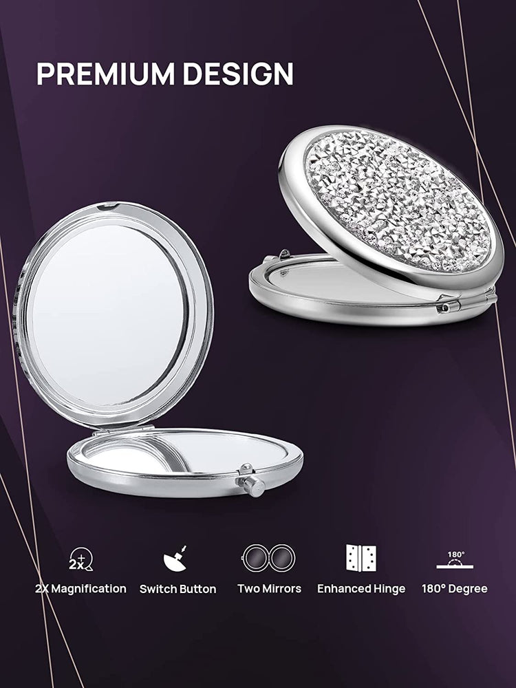 Mini Mix Diamond 1X/2X Magnifying Round Metal Pocket Makeup Mirror (Silver) - The Zebra Effect