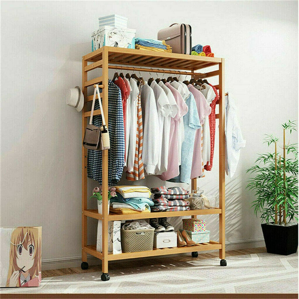 3-Tier Wooden Clothes Rack Rolling Garment Stand w/ Hooks