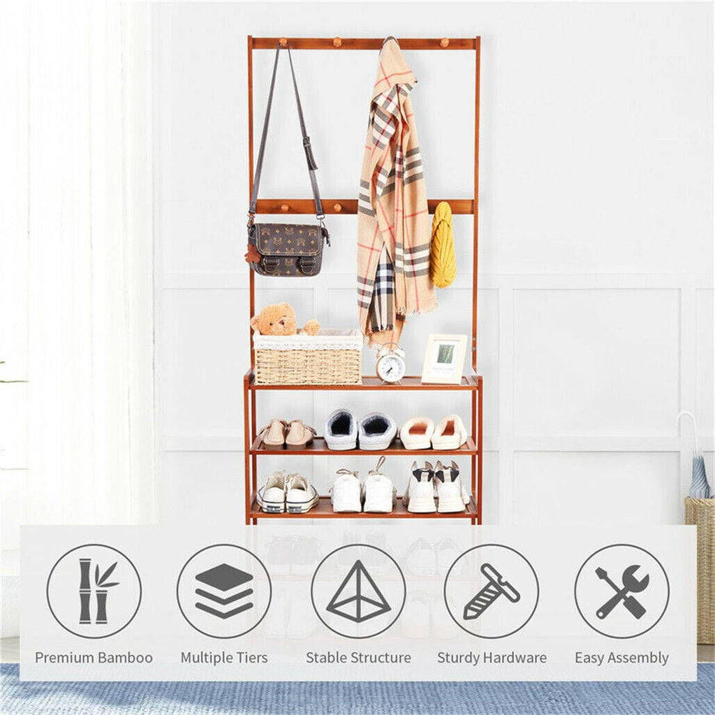 Bamboo 5-Tier Hat Coat Shoe Rack Entryway Bench Hanger Storage