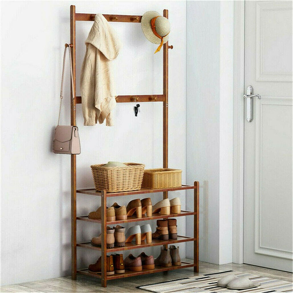 Entry Hat Rack Bamboo 5-Tier Hat Coat Shoe Rack Entryway Bench Hanger Storage